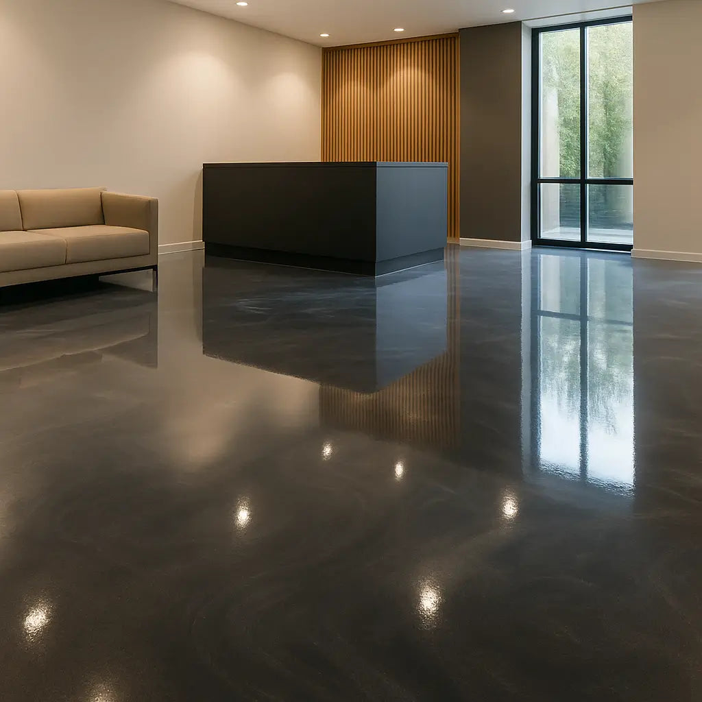 Commercial epoxy flooring in Miami office lobby with gray metallic glossy surface, creating a prestigious look.