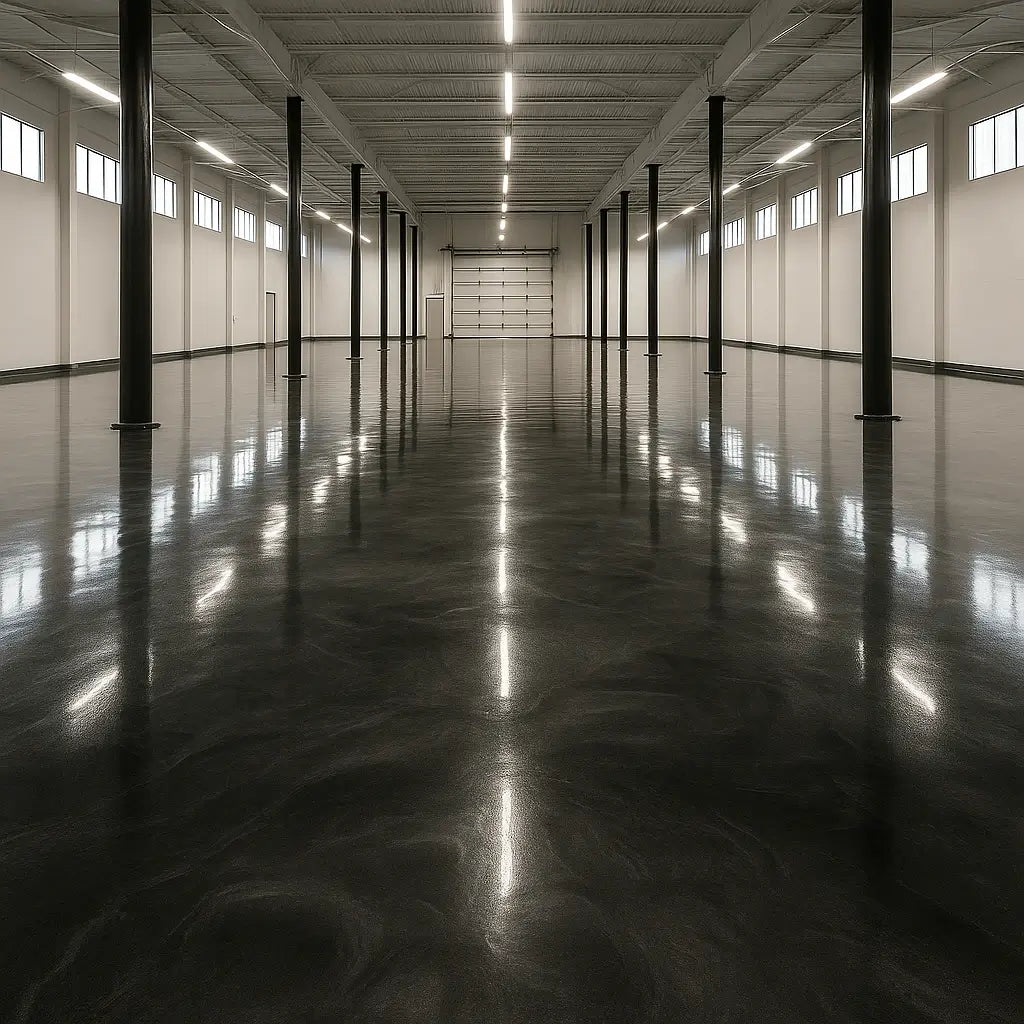 Industrial epoxy flooring in Miami warehouse with durable gray seamless surface, perfect for heavy-duty use.