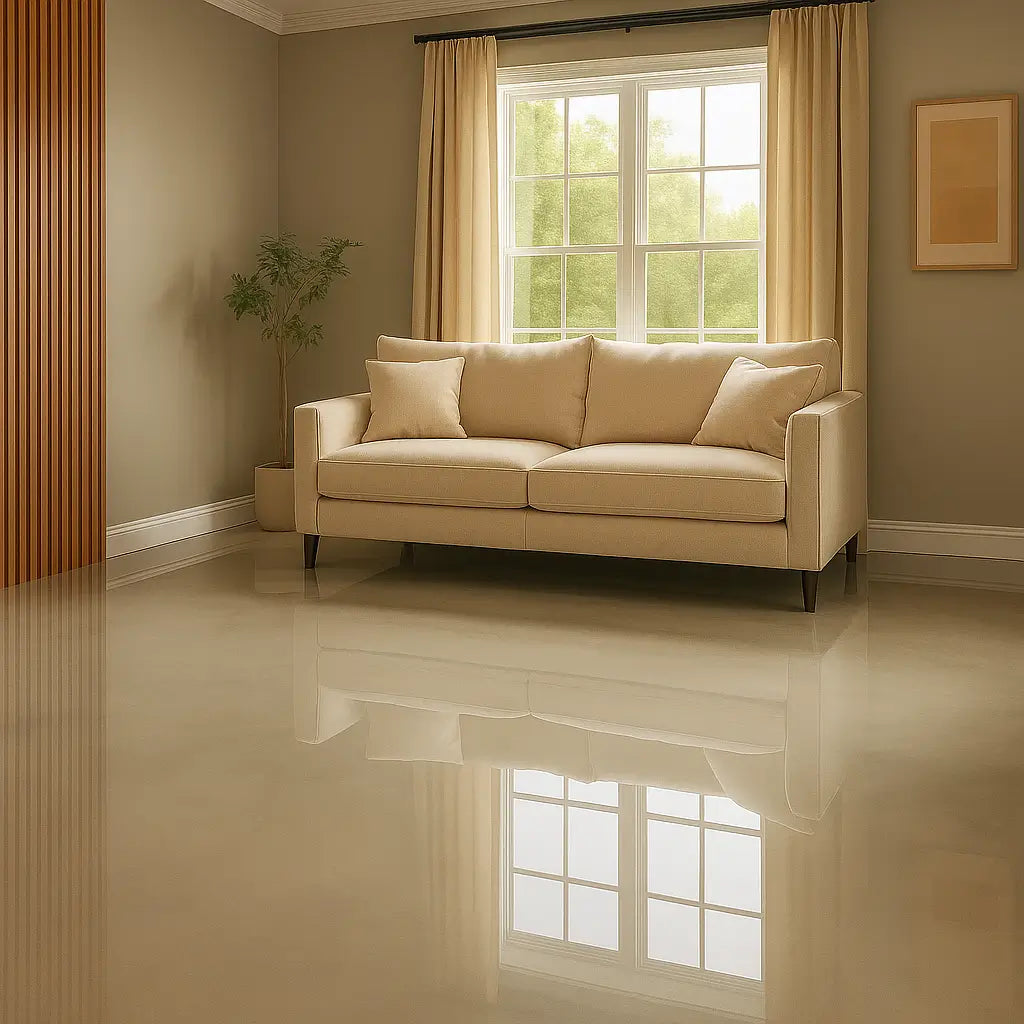 Minimalist residential epoxy flooring in Miami with glossy beige pearl finish, modern living space with premium quality installation