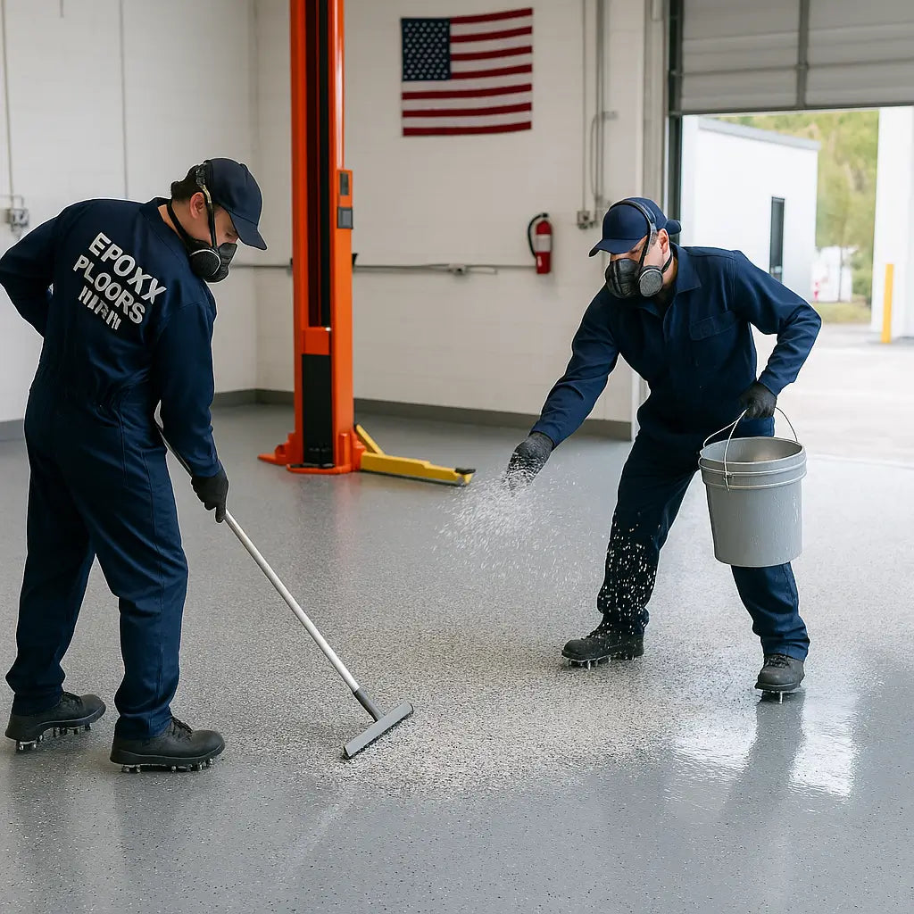 Flake epoxy flooring installation in Miami auto repair shop with glossy finish – Epoxy Floors Pro | Custom Kitchens & Cabinets