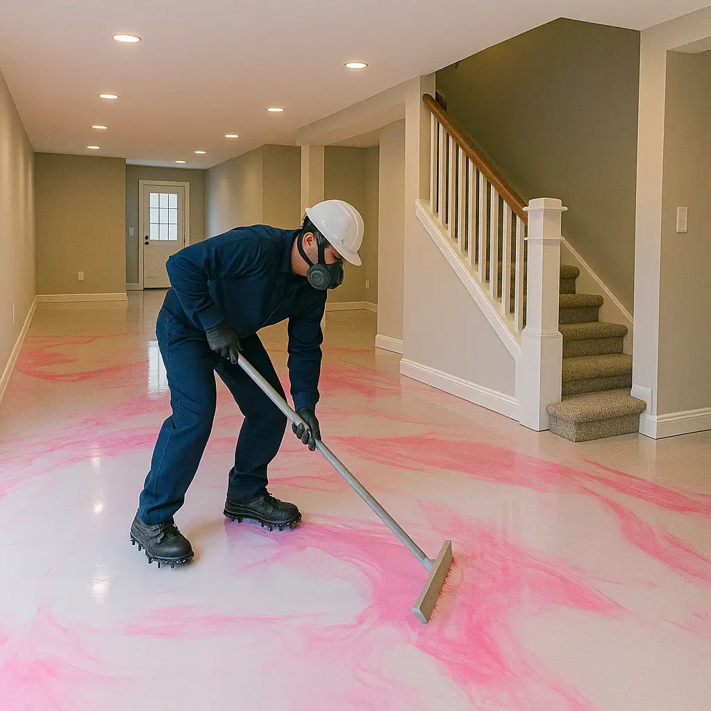 Worker applying solid epoxy flooring in Miami basement during installation – Epoxy Floors Pro | Custom Kitchens & Cabinets