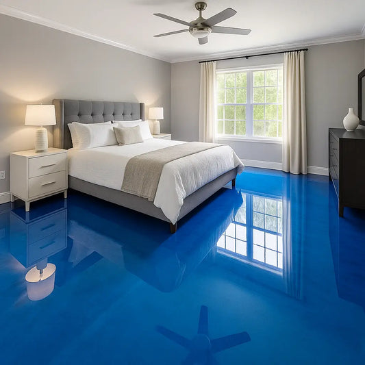 Finished Miami bedroom with blue epoxy flooring and modern interior – Epoxy Floors Pro | Custom Kitchens & Cabinets