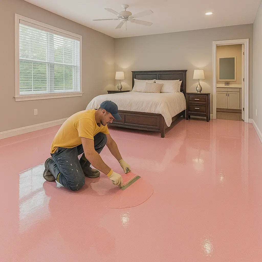 Worker installing epoxy flooring in Miami master bedroom – Epoxy Floors Pro | Custom Kitchens & Cabinets