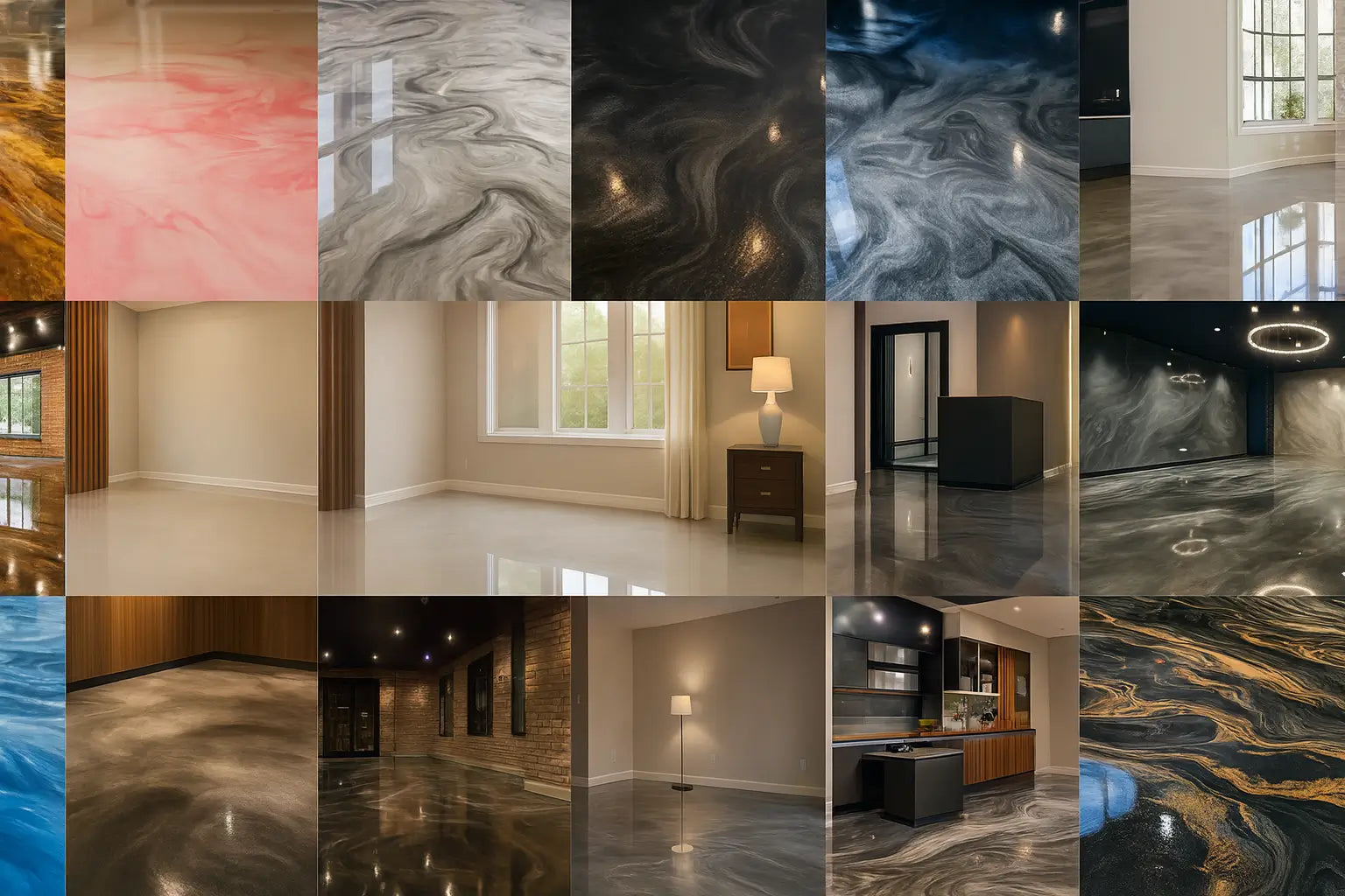 Wide banner collage of epoxy flooring in multiple colors and styles, showcasing metallic, marble, and glossy finishes.