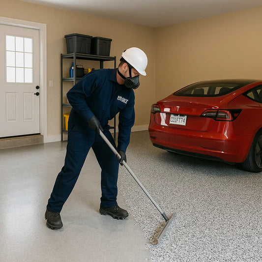 Residential garage in Miami with blue flake epoxy flooring and storage shelves – Epoxy Floors Pro | Custom Kitchens & Cabinets