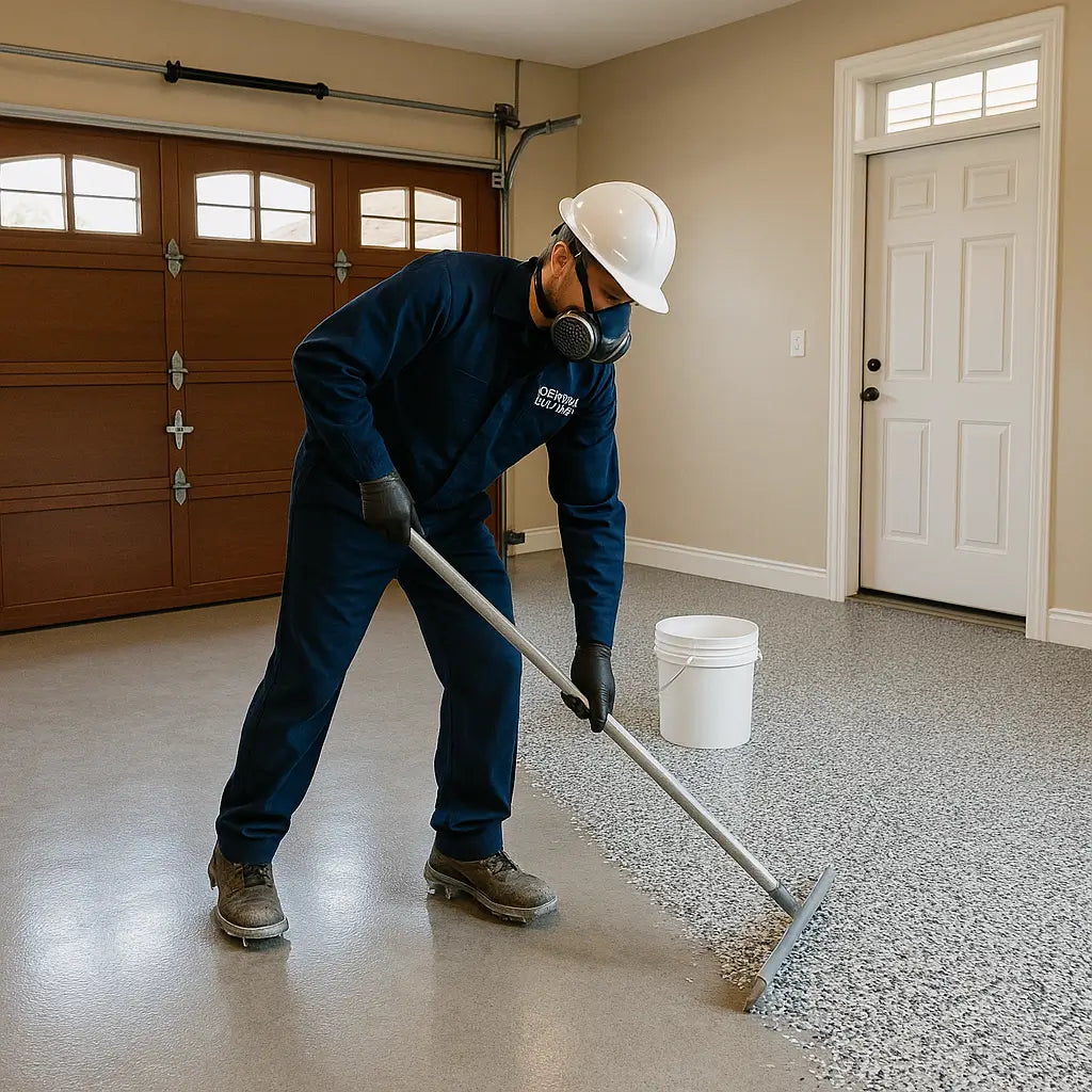 Worker applying flake epoxy flooring in Miami residential garage with Tesla – Epoxy Floors Pro | Custom Kitchens & Cabinets