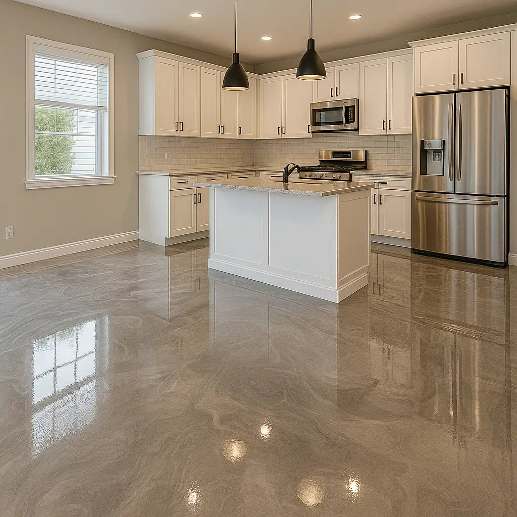 Finished Miami kitchen with gray metallic epoxy flooring and island – Epoxy Floors Pro | Custom Kitchens & Cabinets