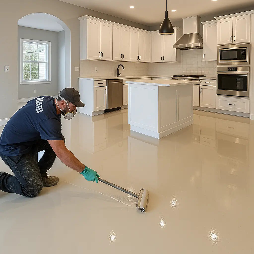 Worker applying metallic epoxy flooring in Miami kitchen with island – Epoxy Floors Pro | Custom Kitchens & Cabinets