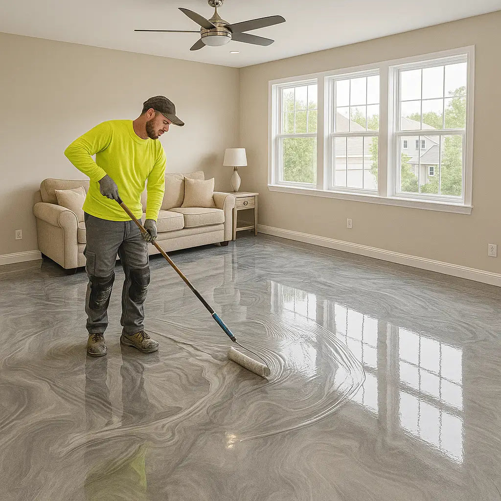 Worker installing 3D marble epoxy flooring in Miami living room – Epoxy Floors Pro | Custom Kitchens & Cabinets