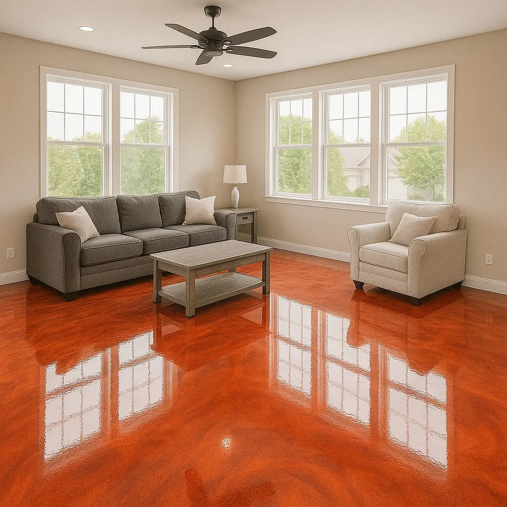 Miami living room with glossy brown epoxy flooring and large windows – Epoxy Floors Pro | Custom Kitchens & Cabinets