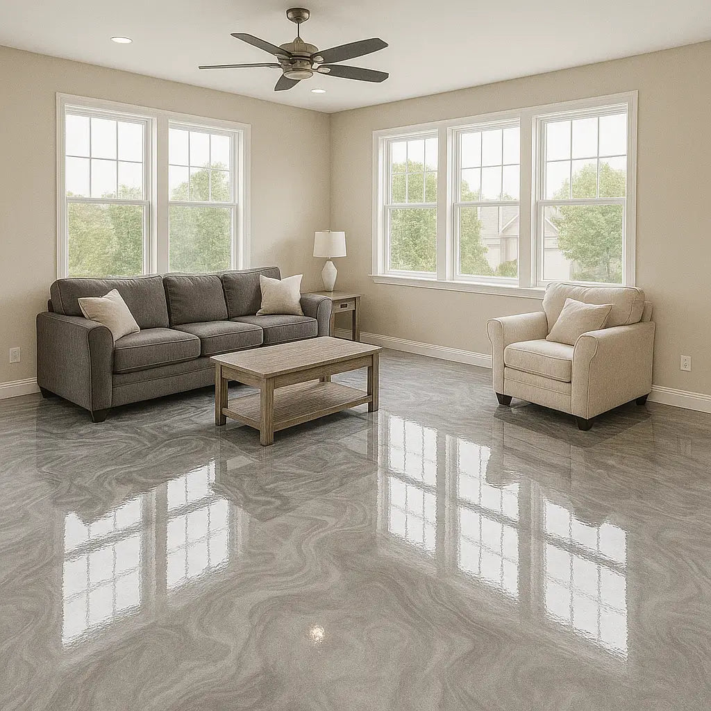 Finished Miami living room with blue epoxy flooring and modern sofa – Epoxy Floors Pro | Custom Kitchens & Cabinets