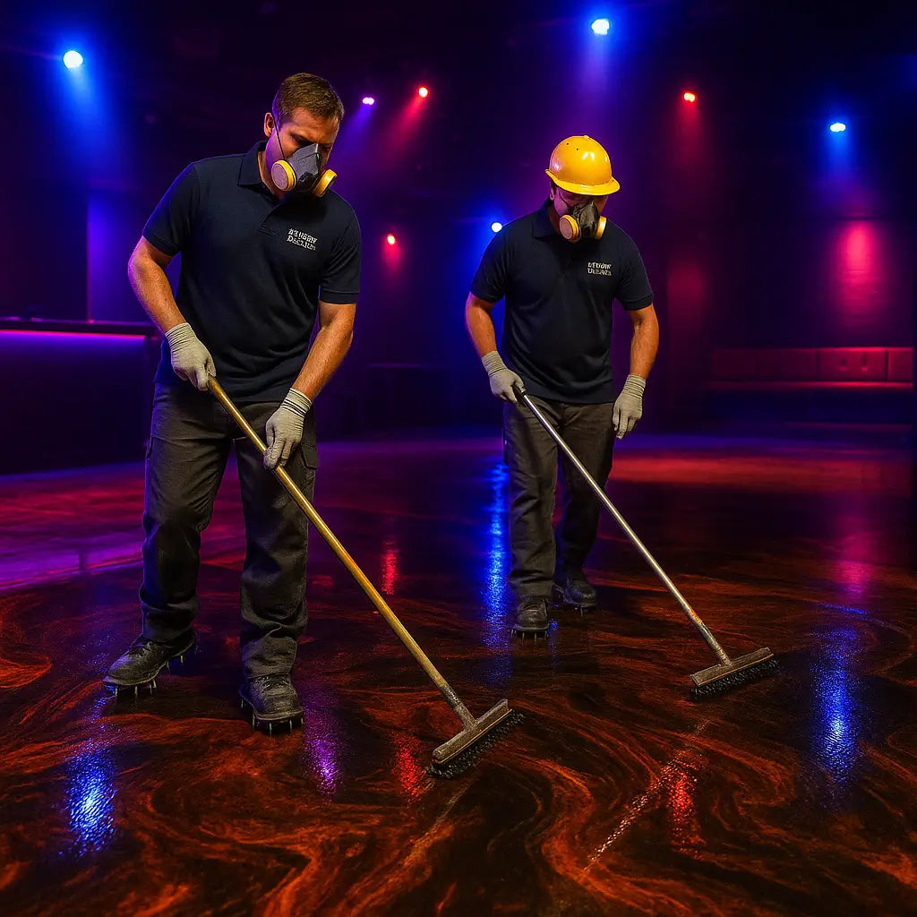 Workers applying lava metallic epoxy flooring in Miami nightclub – Epoxy Floors Pro | Custom Kitchens & Cabinets