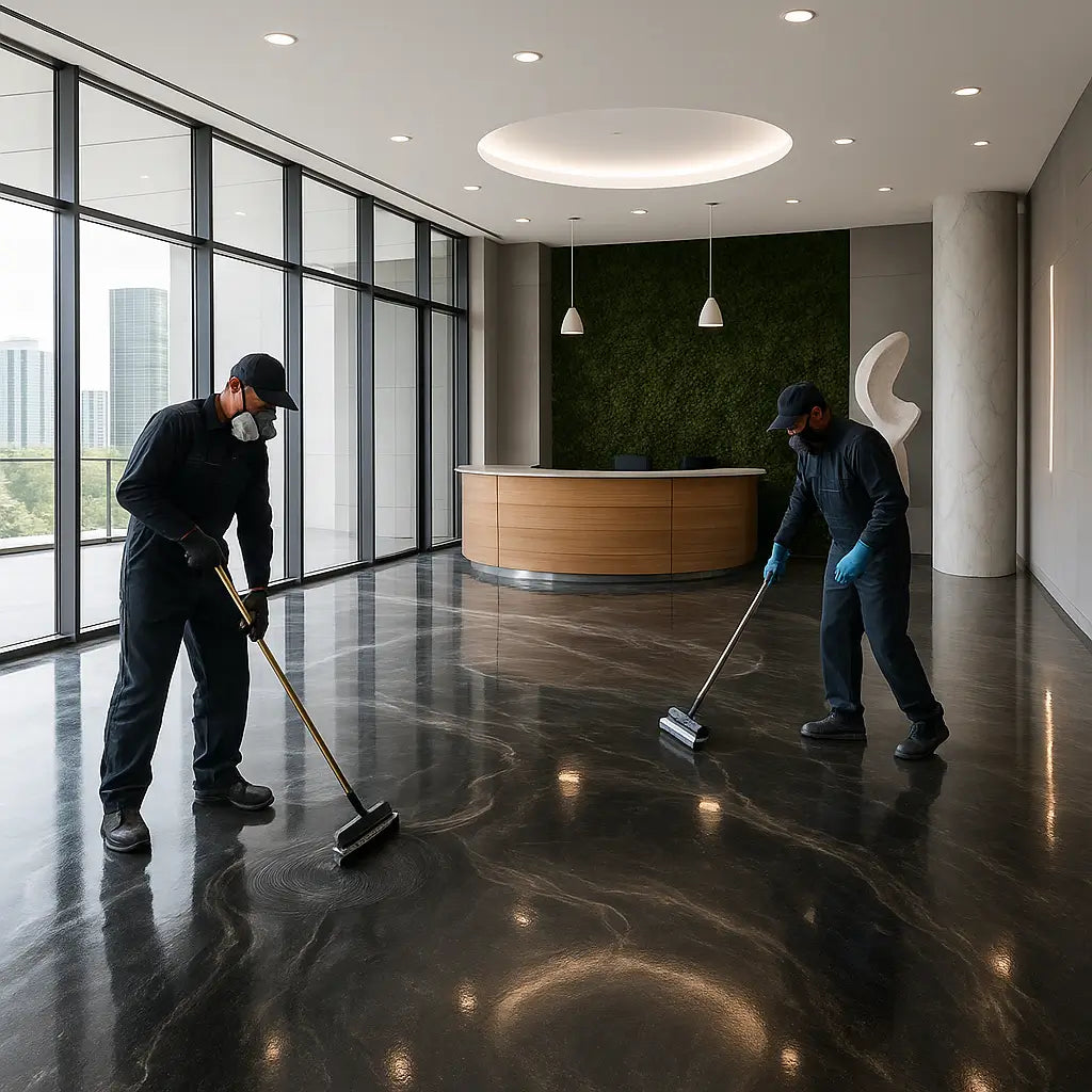 Modern Miami office lobby with dark metallic epoxy flooring – Epoxy Floors Pro | Custom Kitchens & Cabinets