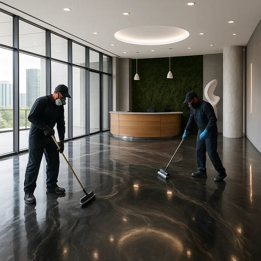 Modern Miami office lobby with dark metallic epoxy flooring – Epoxy Floors Pro | Custom Kitchens & Cabinets