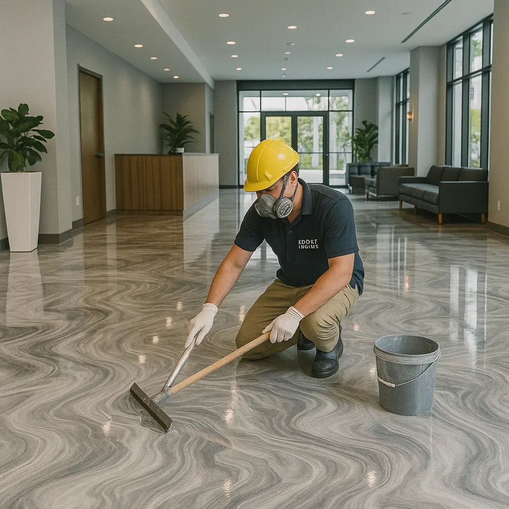 Worker installing metallic epoxy flooring in Miami office lobby – Epoxy Floors Pro | Custom Kitchens & Cabinets