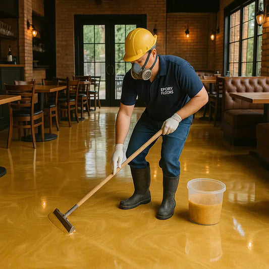 Worker applying 3D epoxy flooring in Miami restaurant with marble effect – Epoxy Floors Pro | Custom Kitchens & Cabinets
