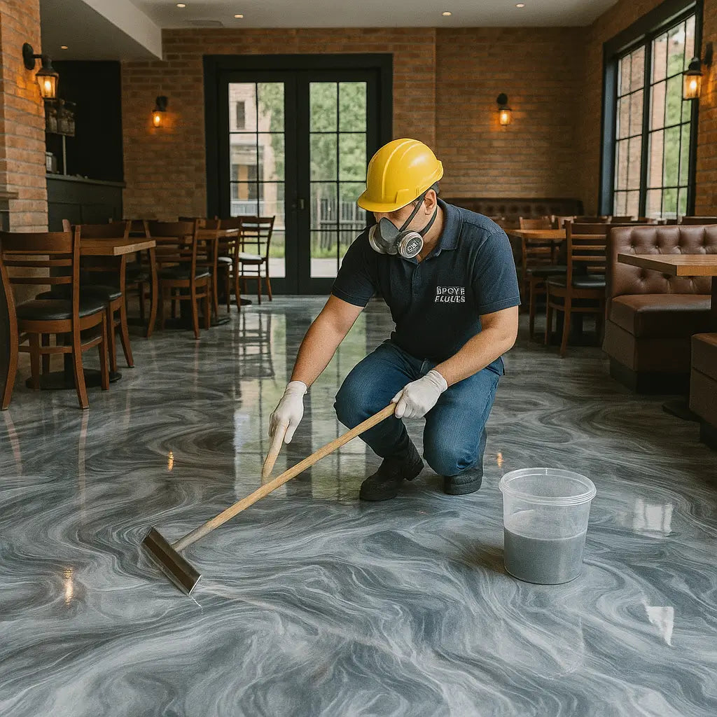 Miami restaurant with ocean-style 3D epoxy flooring and panoramic windows – Epoxy Floors Pro | Custom Kitchens & Cabinets
