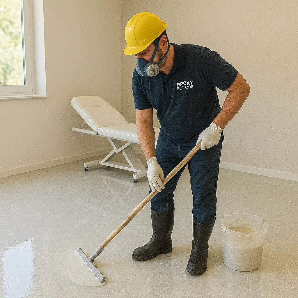 Beauty salon in Miami with blue pearl epoxy flooring and glossy finish – Epoxy Floors Pro | Custom Kitchens & Cabinets