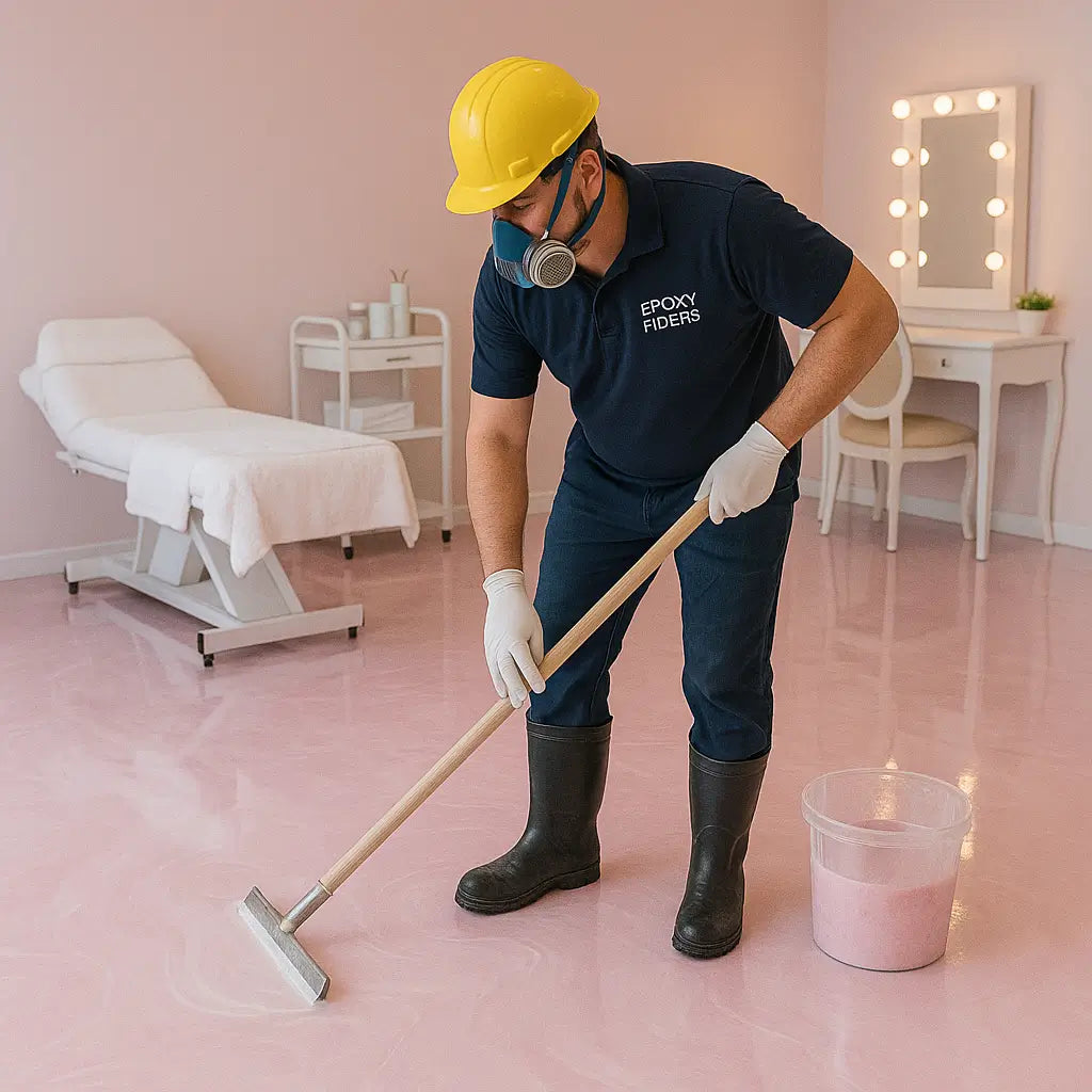Worker installing pearl epoxy flooring in Miami spa salon – Epoxy Floors Pro | Custom Kitchens & Cabinets