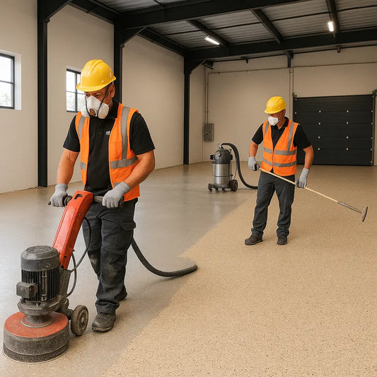 Workers applying solid epoxy flooring in Miami warehouse showroom – Epoxy Floors Pro | Custom Kitchens & Cabinets